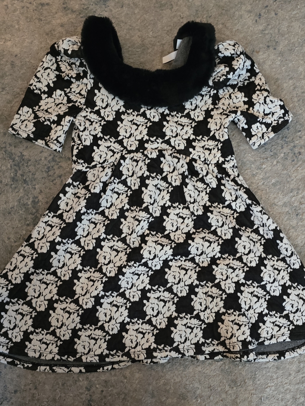 Janie and Jack Black and White Floral Dress with Faux-Fur Collar